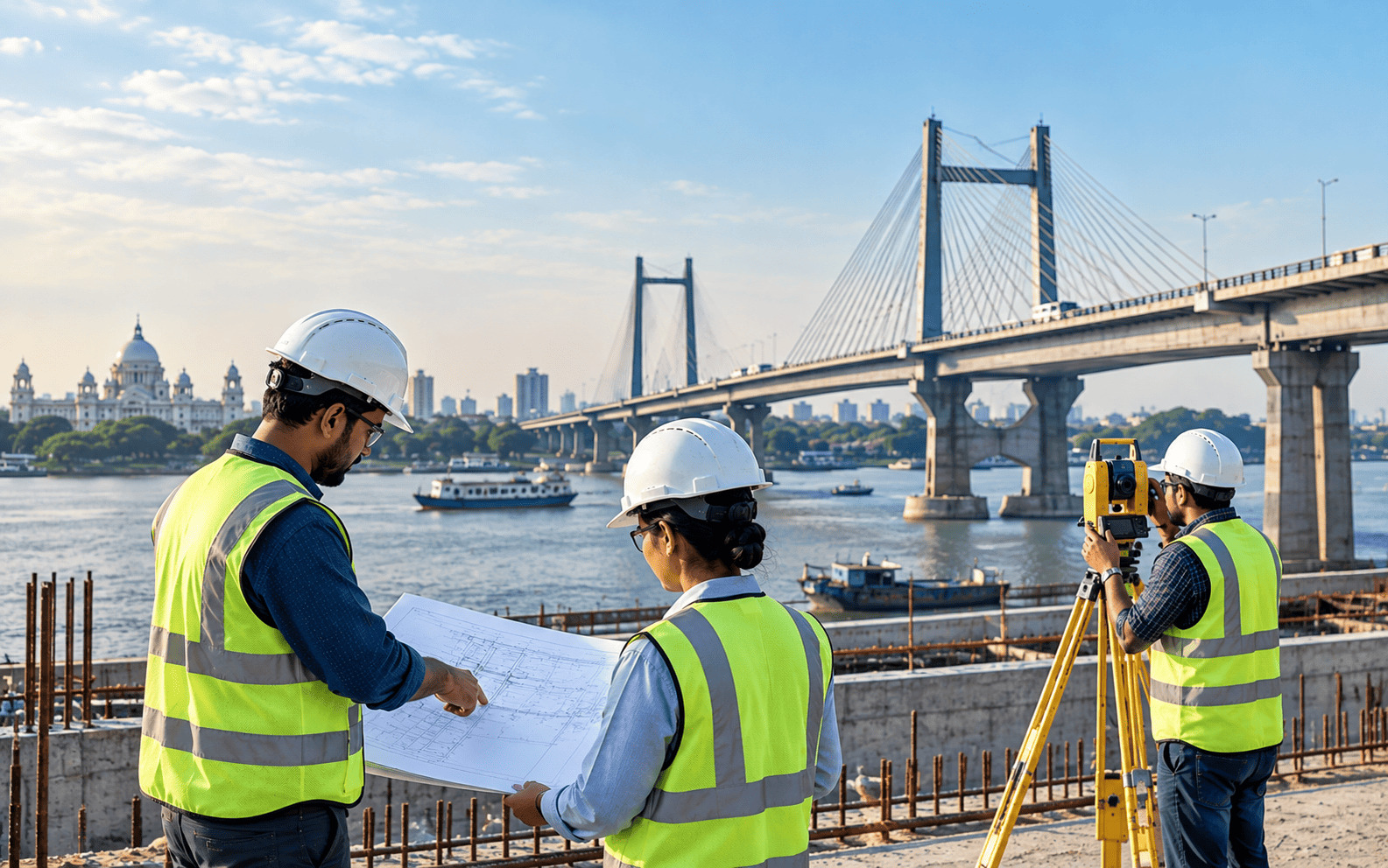 Civil engineers surveying a bridge construction site